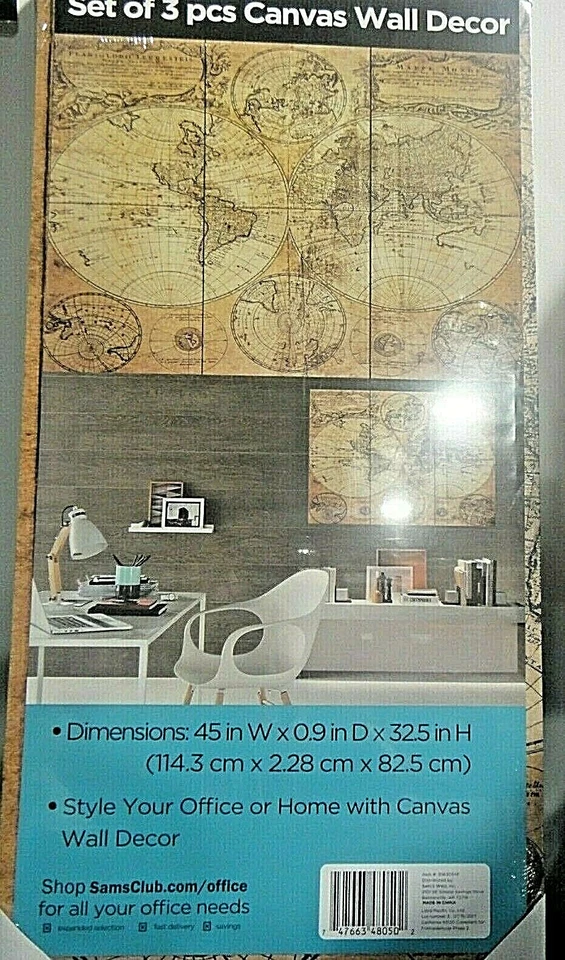 Antique World Map 3 pc Canvas Wall Decor -Frameless Picture (45” x 32.5”) -new - Image 2 of 4