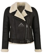 Ladies Shearling Sheepskin Jacket Brown Beige Fur B3 Bomber Biker 100% Genuine