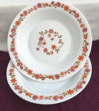 Soup bowls x 2, Arcopal France, Scania pattern, orange daisies, lipped, 1960s