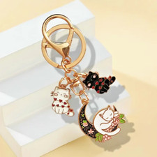 Cartoon 3 Cats Moon Keychain Cute Key Ring Purse Bag Car Gift Charm White/Black