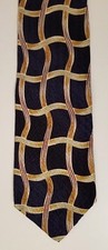 XMI 100 Silk Mens Tie Necktie Navy Blue Gold Wavy Print