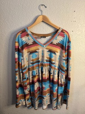 Heimish USA Womens Blouse Long Sleeve V-neck,  Aztec Print  Size XL