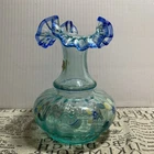 Fenton Hand Painted Aquamarine Optic Glass Vase Crimped Edge Cobalt Blue Crest
