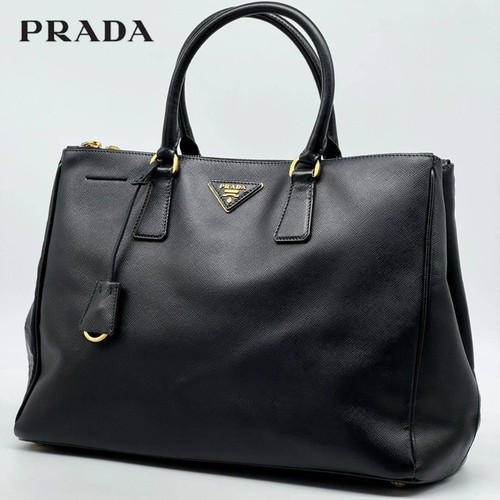 PRADA Galleria Saffiano Leather Handbag Tote Black Gold Hardware Women Pre-Owned