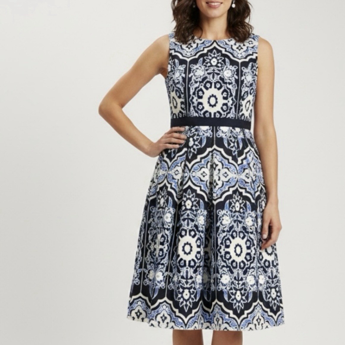 Talbots Women's Sleeveless Knee Length Navy White Fit and Flare Dress Size 6P
