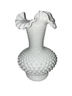 Vintage Fenton White Milk Glass Hobnail 11"H Vase With Ruffled Top Edge