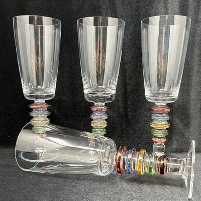 Carnival by Block Glass Water Goblets 9'' Multi Color Stacked Ring Stem Set of 4