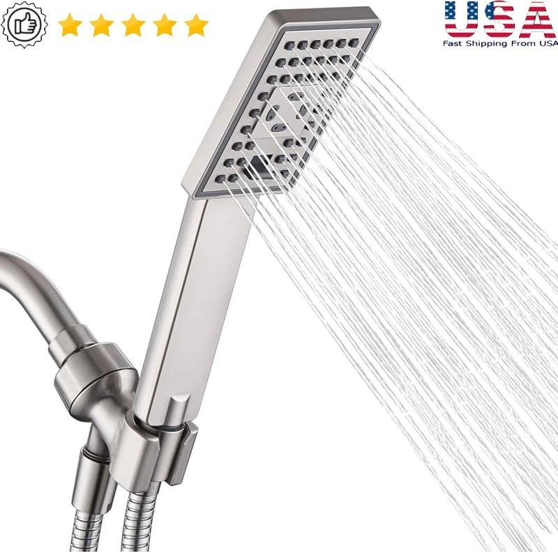 High Pressure Square Shower Head Adjustable Spray Settings Stainless Steel Hose