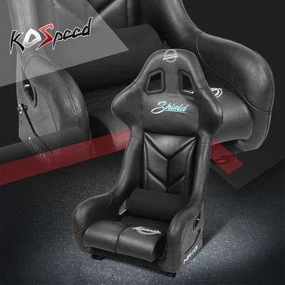 NRG Black Vinyl Fixed Back Bucket Racing Seat +Side Bracket FRP-RS500-SHIELD