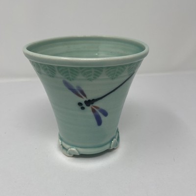 Hand Painted Dragonfly Nature Inspired Pottery Planter Pot Green Footed Stamped