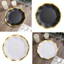 25 Round 10" Disposable Dinner Salad PAPER PLATES Gold Wavy Trim Party Events