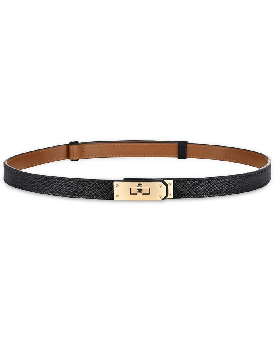 Women's Skinny Leather Belt with Adjustable Golden Turn-Lock