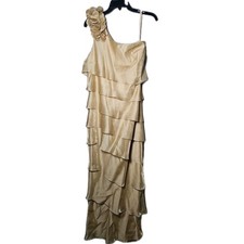 NWT Xscape 6318X Gold One Shoulder Tiered Ruffle Formal Evening Gown Dress 16