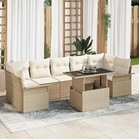 8-Teiliges Garten Sofa Set Mit Kissen Beige Poly Rattan, 2-Sitziges Garten Sofa