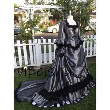 Victorian Style Gray Satin Evening Gown with Black Lace Details Bell Sleeves