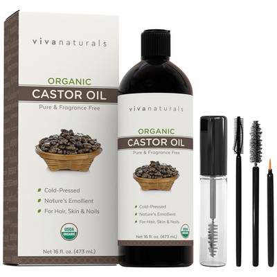 Organic Castor Oil, Cold-Pressed, 16 Fl Oz   for Face, Hair, Eyelashes, USDA Org