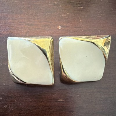 Gold and White Square Men's Cufflinks Bullet Back Style with White Enamel Accent