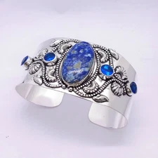 925 Sterling Silver Natural Lapis Lazuli Gemstone Jewelry Cuff Bracelet