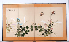 Japanese Byobu "Birds, Flowers & Green Leaves" 4-Panel Folding Screen Very Good+