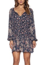 Free People Lucky Loosey Blue Floral Boho Tie Neck Tunic Dress Woman’s Small