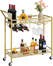 Gold Bar Trolley with Glass Shelf and Wine Rack for Home and Parties