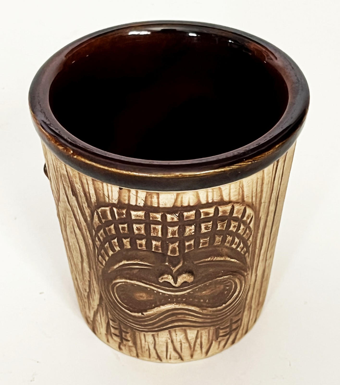VTG 3 FACES BROWN TIKI MASK PLANTER BUCKET MUG CUP ISLANDS PHOENIX AZ OMC JAPAN