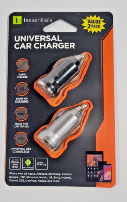 inessentials UNIVERSAL USB CAR CHARGER Value 2 Pack - Rapid Charge - NEW! Sealed