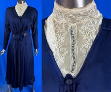 Edwardian Titanic Era Navy Blue Silk Button Trim Ivory Lace Yoke Belted Dress