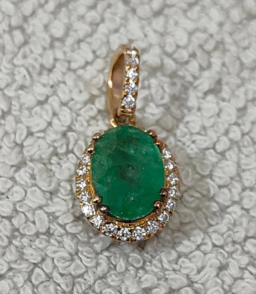 10k Gold Natürlich Sambianischer Smaragd & Diamanten Anhänger Schmuck - Bild 2 von 4