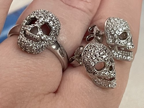 BERRICLE Sterling Silver Skull Bones C Zirconia CZ Stud Earrings + Matching Ring - Picture 9 of 10