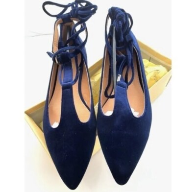 Yoki, Urban-80. Size 10, Velvet Flat Lace Up Shoes. Dark Blue.