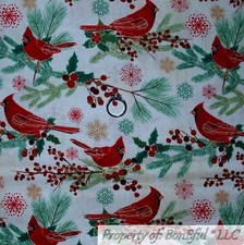 BonEful FABRIC FQ Cotton Quilt White Red Cardinal Bird Xmas Pine Tree Holiday US