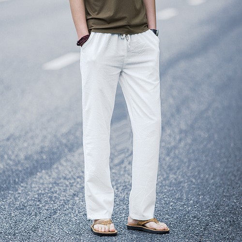 Homme Lin Taille Élastique Cordon Pantalon Jambe Droite Pantalon Décontracté - Picture 19 of 19