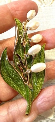 Vintage Monet Enamel Lily Of The Valley Brooch Faux Pearl Rhinestone Gold Tone