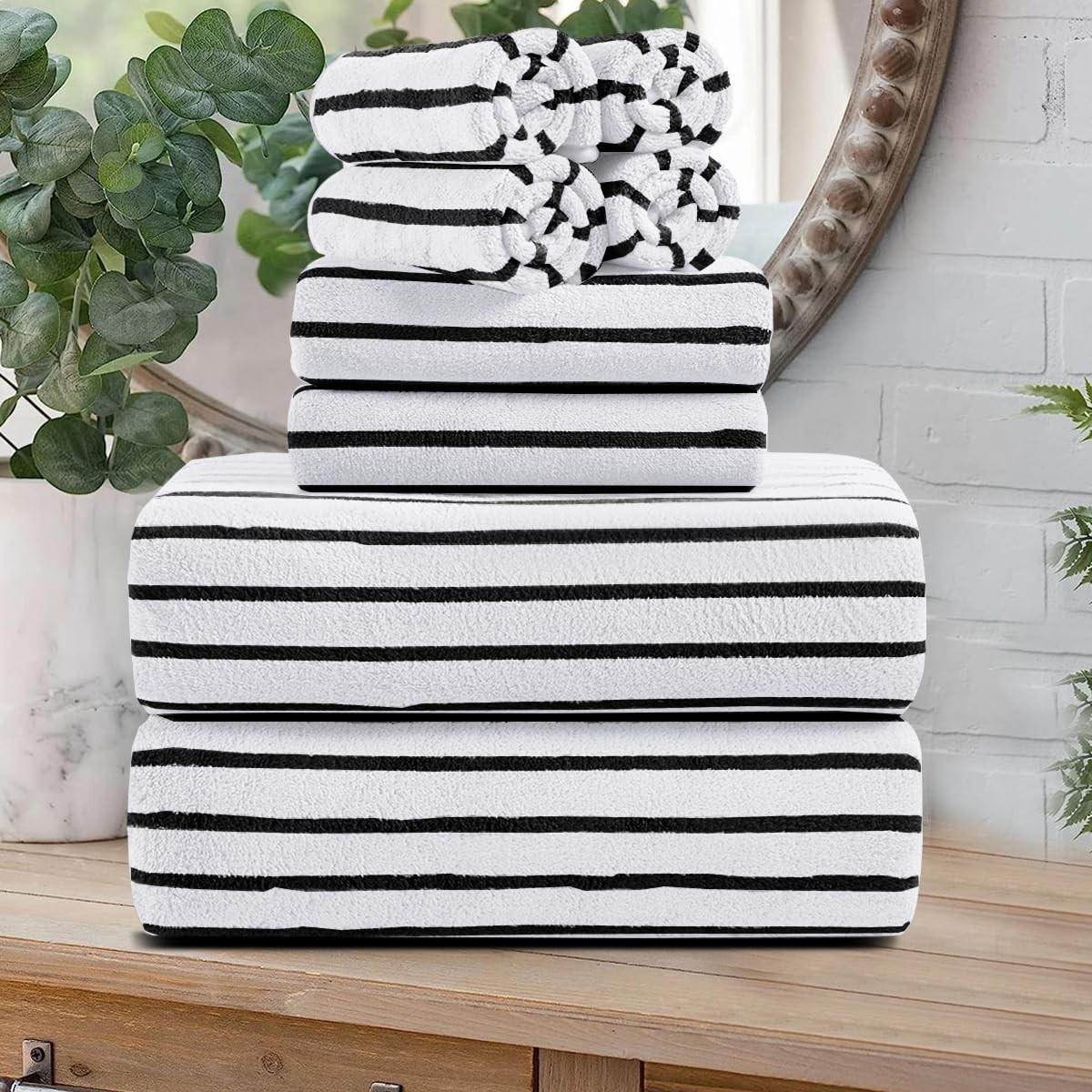 Black White Cabana Stripe Large Bath Towel Set 8Pcs Oversized Bath