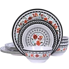 12-Piece Melamine Dinnerware Sets, Unbreakable Dinner Dishes Set for Indoor and