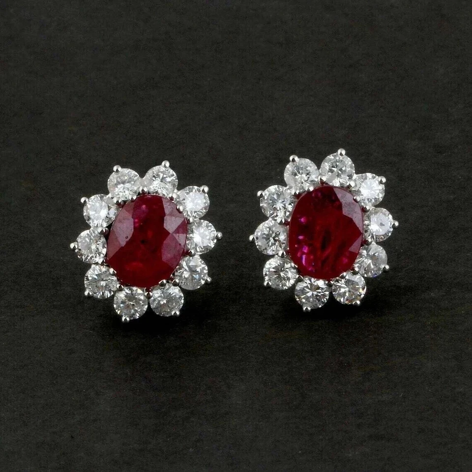 3.30 Ct Oval Natural Ruby & Diamond Beautiful Halo Stud Earrings 14k White Gold - Image 3 of 4