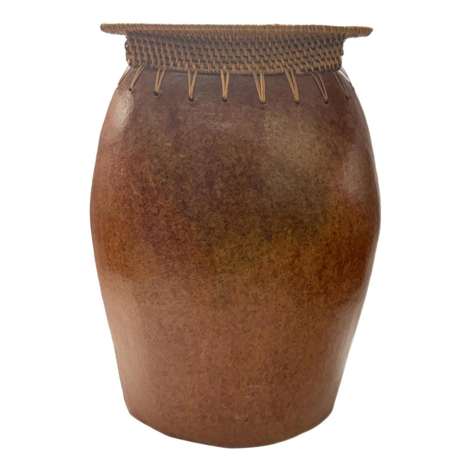 Vintage 11” Sasak Tribe Redware Art Pottery with Woven Trim Vase – Indonesia