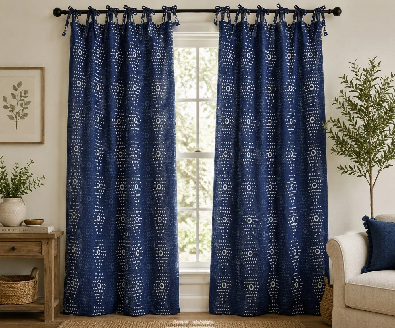 Indigo Blue Block Print Curtains, Tie Top Cotton Window Panels, Boho Farmhouse