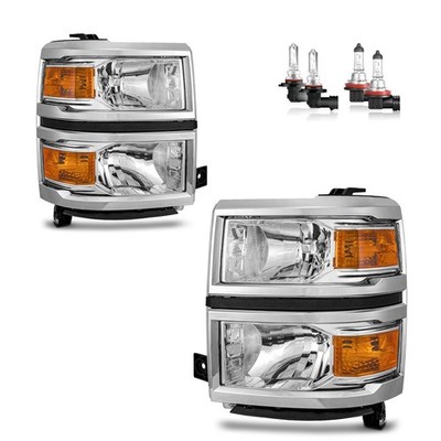 Vizotae For 2014-2015 Chevy Silverado 1500 Chrome Headlights W/Bulbs L+R Pair