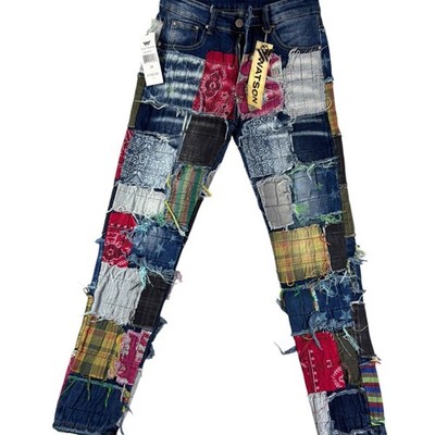 Watson Denim Patchwork Distressed Jeans Mens 28 Slim Fit Multi Color Paisley