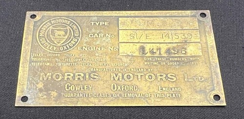 MORRIS MOTOR VINTAGE ANTIQUE VETERAN AUTOMOBILE CAR BULK HEAD CHASSIS TYPE BADGE - Picture 4 of 6
