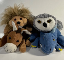 COLLECTION OF 4 VINTAGE HAND PLUSH PUPPETS - LION OWL DONKEY DINOSAUR