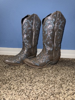 JB Dillon Brown Handmade Turquoise Cowgirl Boots, Rhinestones & Spiral Design