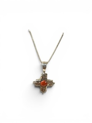Native American Red Coral Zia Sun Pendant Necklace 925 Sterling Silver