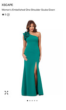 Emerald Green Formal Gown, stretch, one shoulder with ruffle,  size 10