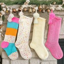 New 4 Pack Pastel Christmas Stockings with Tassels 18 Inches Large Hand Knitting