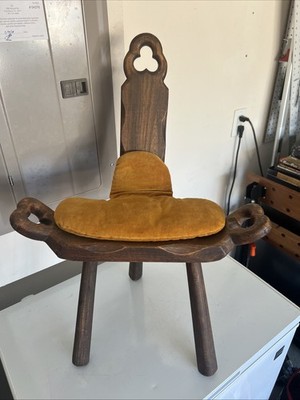 Vintage Wood Birthing Chair, Milking Stool, Hand Carved, Three Legged