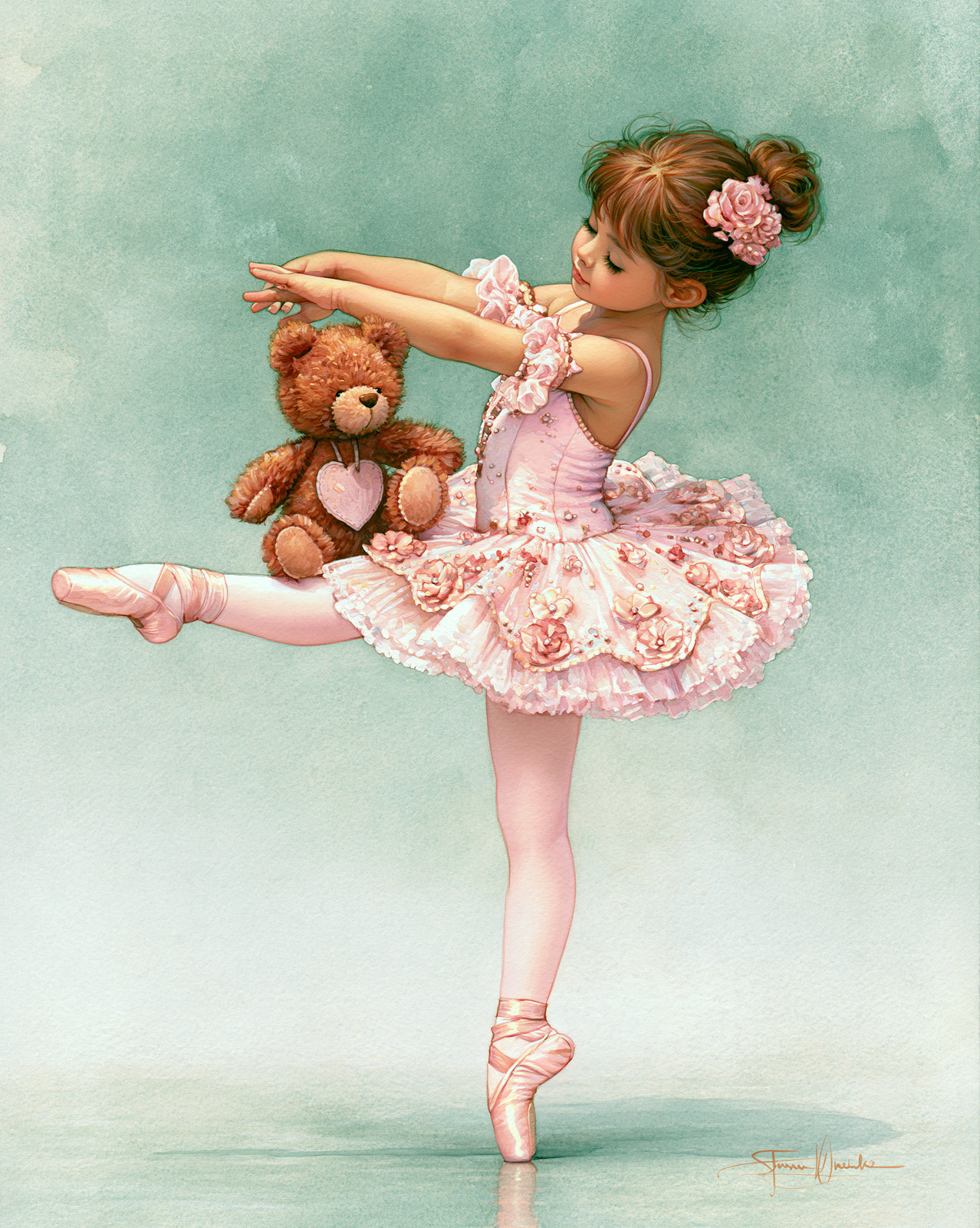 Intérprete de ballet rosa con oso de peluche marrón en arte de escena pastel suave/981017401