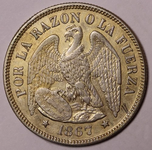 1867 Chile 50 Centavos Silver Coin KM# 139 RARE